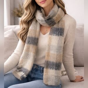 Donegal Mohair Wool Plaid Scarf Made in Ireland Tan Gray Winter Scarf